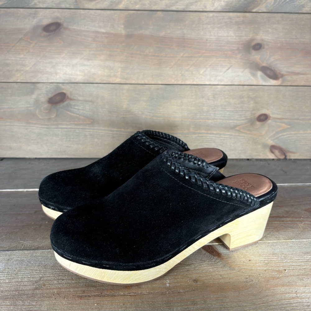 frye and co womens size 7.5 shoes black suede slip on comfort heel clogs